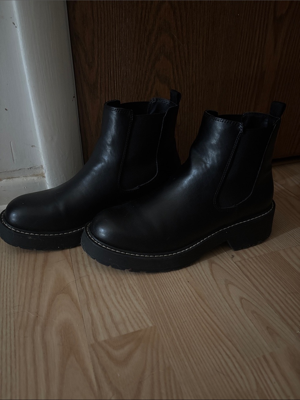 Madden Girl Black Leather Chelsea Lug Booties